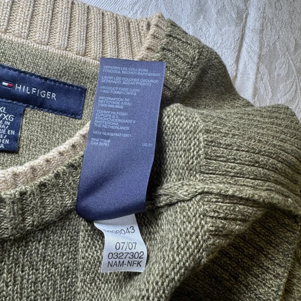 Tommy‎ Hilfiger Mens XL Olive Green Marled Cotton Crewneck Sweater Pullover Logo
